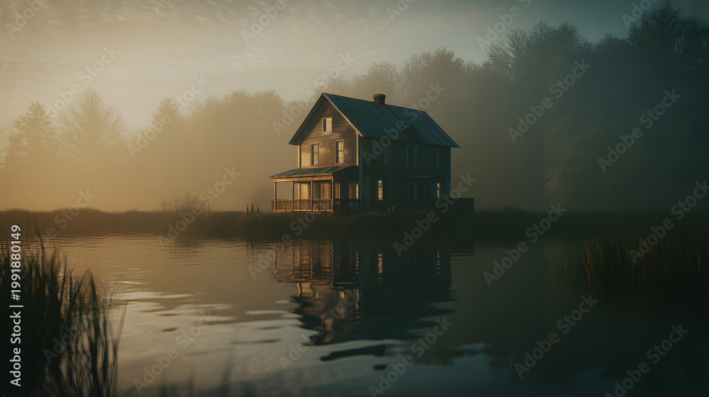 Obraz premium Abandoned house on lake shore surrounded by trees and fog at sunrise or sunset transparent background