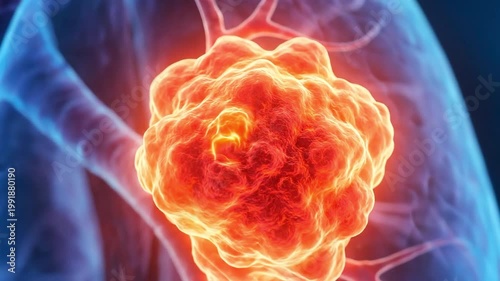 Medical illustration of a tumor cell inside a human lung, suitable for oncology research, health education, diagnostic presentation, and clinical study.