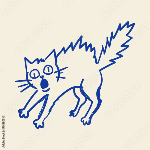 Startled Cat Jumping Doodle Illustration Scared Kitty Sudden Reaction Cute Pet Sketch Design