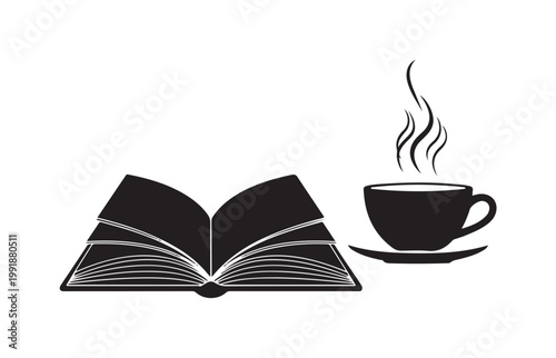 Open Book and Steaming Coffee Cup on White Background, Minimalist Illustration, Relaxing Lifestyle Concept