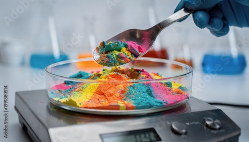 Closeup medium shot of vibrant fluorescent powder being carefully measured for highchroma dye production in a controlled laboratory setting.