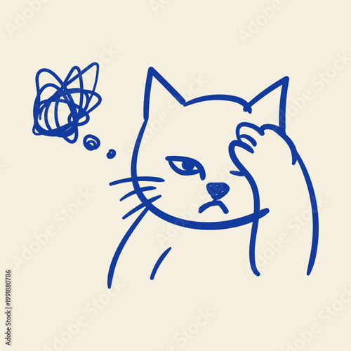 Annoyed Cat Facepalm Doodle Illustration Irritated Kitty Messy Thoughts Reaction Cute Pet Sketch Design