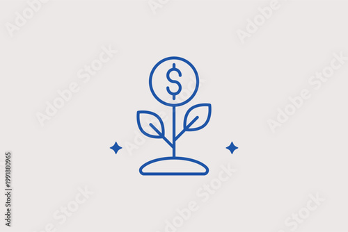 Growing plant with dollar coin line icon for long-term investment growth and compound interest. Sustainable Vector Illustration for green finance blogs and retirement savings account marketing.