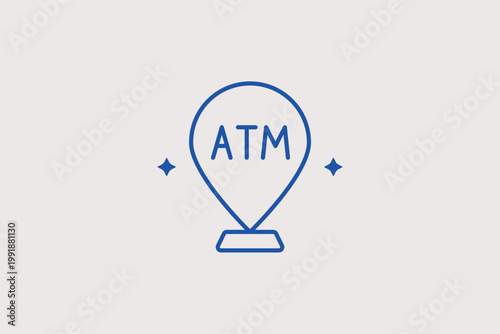 ATM location map pin line icon for finding cash machines and banking branch services. Navigational Vector Illustration for mobile banking apps and city directory local search.