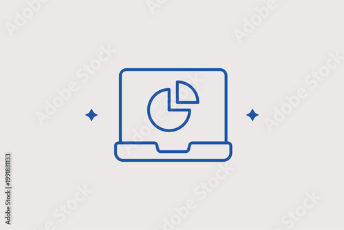 Laptop with pie chart line icon for digital financial analytics and business data visualization. Analytical Vector Illustration for corporate performance reports and online trading platform dashboards