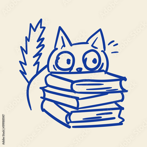 Curious Cat Hiding Behind Books Doodle Illustration Shy Kitty Study Education Cute Pet Sketch Design