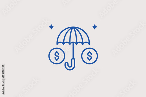 Umbrella protecting coins line icon for financial insurance and asset protection strategies. Protective Vector Illustration for risk management services and retirement fund security.