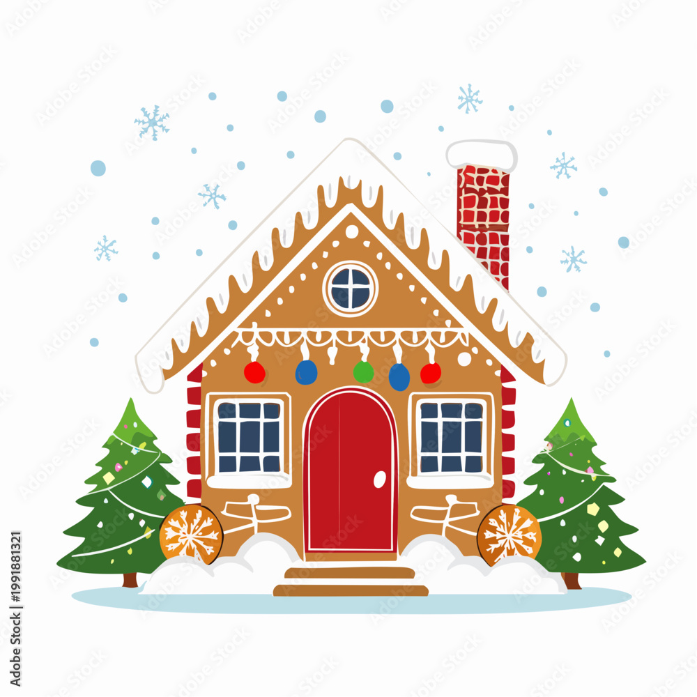 Fototapeta premium Gingerbread house with Christmas decorations and snowy scene