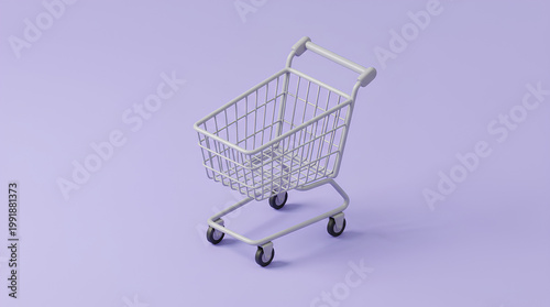 A shiny, empty shopping cart with its wheels on a solid color background. The cart is designed with a sleek, minimalist aesthetic, evoking the essence of retail and consumption