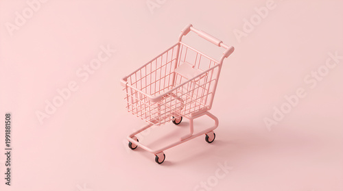 A close-up shot of a pink shopping cart, ideal for retail and shopping themes. The cart is designed with a basket and wheels. It’s a symbol for consumerism and purchasing goods