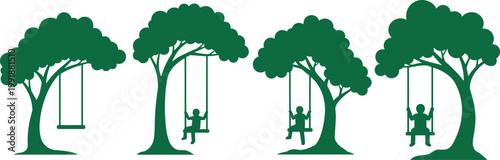 Vector set of tree swing silhouettes, Silhouette set of garden fun silhouettes, minimalist childhood play icons for park, Summer illustration design