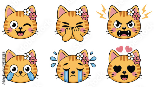 Cute orange cat head icon set, six expressive emoji-style feline faces with varied emotions for sticker pack design, social media reactions, and playful character illustration, vector set.