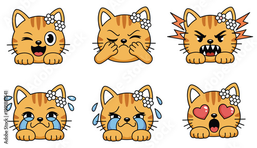 Set of six cute orange cat head icons showing different facial expressions and emotions like happy, sad, angry, love, surprised, and sleepy for stickers, vector illustration