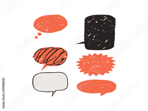 Childish crayon drawn scrapbook speech bubble stickers. Scribble doodle paper stickers for hand drawn notes, collages and social media designs. Rippled paper dialogue or conversation clouds, shapes