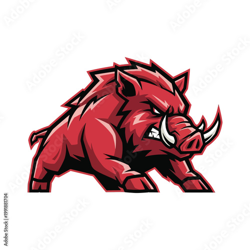 Red cartoon boar with sharp tusks.