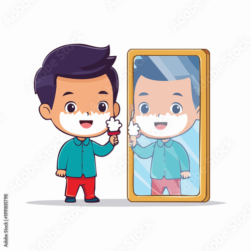 Cute boy shaving with foam and brush, looking in mirror