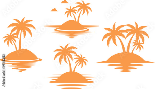 Vector set of exotic palm islands, Silhouette set of tropical coast silhouettes, orange beach holiday icons for vacation, Summer illustration design