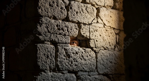 Person peeking from a dark crack inside an ancient stone structure