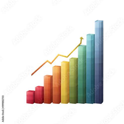 A colorful bar graph visually communicates the dynamic concept of growth and progress. showcasing a linear upward trend. PNG Transparent Background