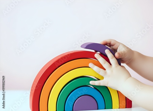 Little girl playing with toy rainbow on pink background, closeup, childhood & play