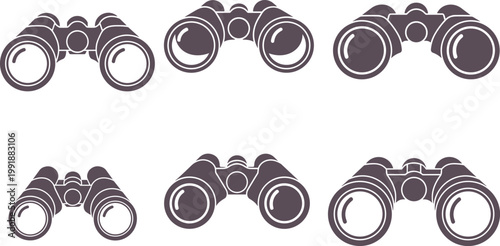 Vector set of exploration binoculars, Silhouette set of camping gear silhouettes, professional optical viewing icons for trips, Summer illustration design