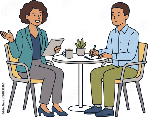 Cartoon illustration of two business professionals having a casual meeting over coffee, discussing documents at a small table.