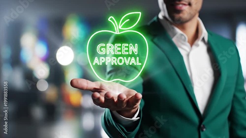 Business professional holding glowing digital innovation sphere with futuristic data particles