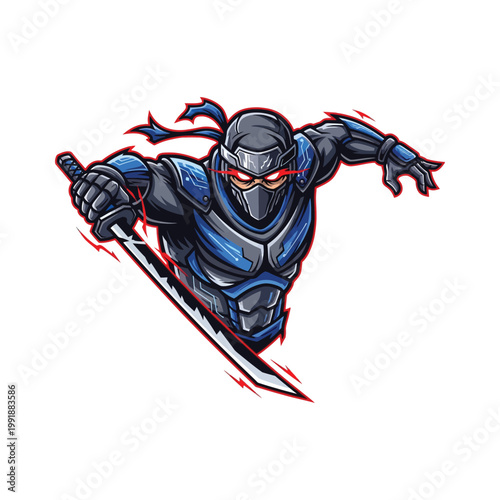 Cartoon ninja warrior with sword.