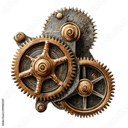 Interlocking gears, intricately crafted and expertly arranged, showcase a harmonious mechanism, perfect for illustrating concepts of synergy, progress. PNG Transparent Background