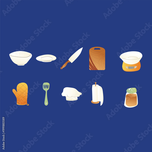 Modern Flat Handdrawn Cooking Utensil and Kitchen Equipment Simple Isolated Icon Set Collection