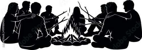 Silhouetted group around a campfire a gathering in the night sharing stories and warmth