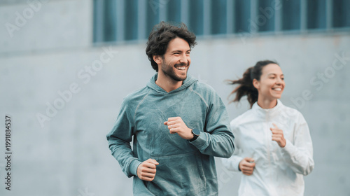 Man and Woman in Activewear Jogging Together Outdoors in a City Environment with Modern Concrete Walls and Clear Daylight Setting