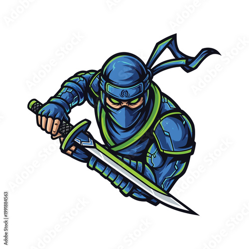 Cartoon ninja warrior with sword ready.