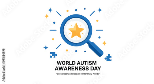 World Autism Awareness Day, Autism acceptance symbols, Puzzle pieces, Magnifying glass icons, Blue and yellow colors