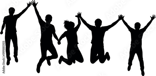 Silhouetted group celebration five individuals joyfully jumping with arms raised in unity and exuberance