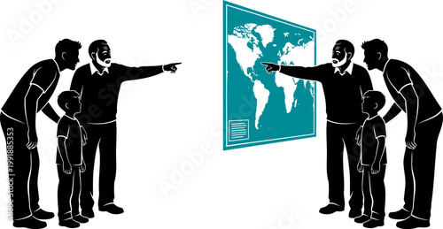 Grandfather and father showing world map to young boy silhouette.