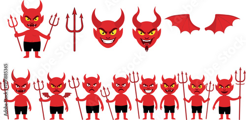 Devil character collection with different expressions trident and wings Halloween demon mascot isolated vector illustration set