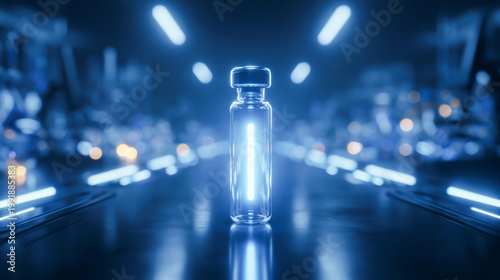 Futuristic Sci-Fi Laboratory Hallway with Glowing Blue Lights and a Transparent Glass Vial with Blue Liquid in the Foreground Center