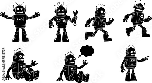 Robot character set, black silhouette vector collection, retro cartoon android poses isolated on white background illustration AI automation Vector silhouette illustration isolated on white background