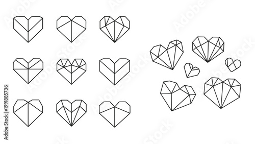 Geometric heart icons in origami style with linear polygonal shapes for creative branding.