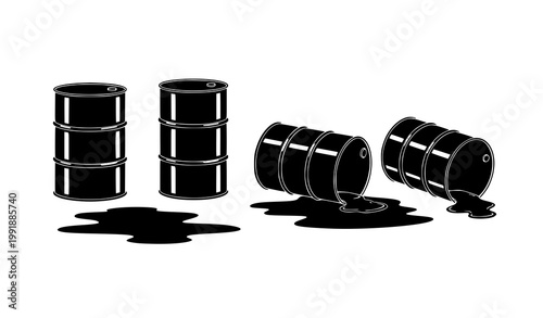 Crude oil barrel silhouettes with spilled petroleum puddle representing pollution and fuel crisis isolated vector