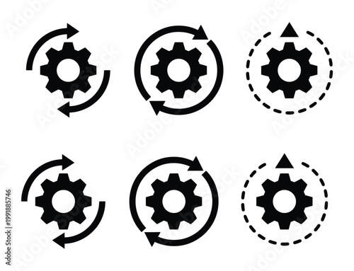 System connection icon set featuring data transfer arrows, refresh cycle symbols, synchronization process elements, and modern vector line art for software updates, cloud computing platforms,