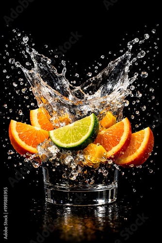 Citrus splash oranges and lime in dynamic water explosion