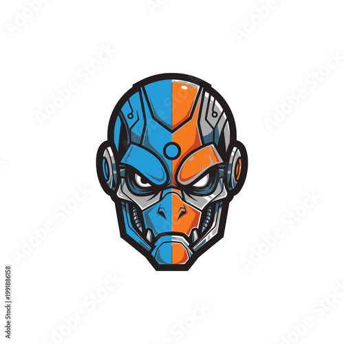 Robot Head with Angry Expression Closeup.