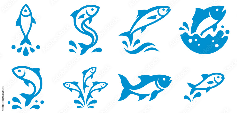 Obraz premium blue fish icon set, solid silhouette aquatic animals with splash and wave elements illustration isolated on transparent background