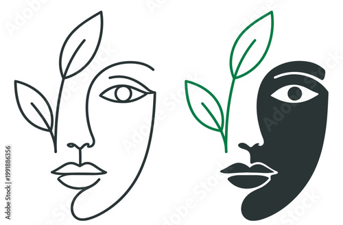 minimal abstract female face line art with leaf element, continuous line portrait illustration isolated on transparent background