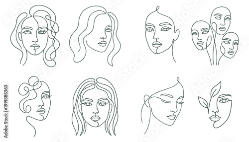 minimal line art female face set, abstract continuous line portraits of women with different hairstyles and expressions isolated on transparent background
