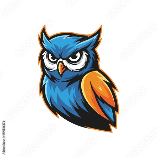 Cartoon blue and orange angry owl.