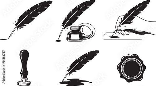 Historical writing tools and sealing a document with traditional methods silhouette vector icon