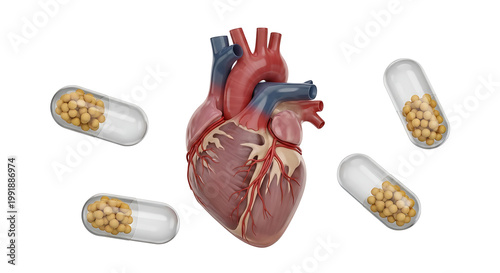 Anatomical heart with surrounding capsules containing yellow pills, representing cardiovascular health, medication, and treatment, isolated on a white background.